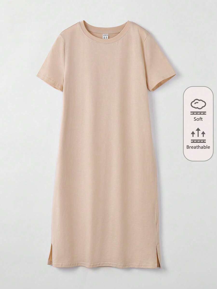 SHEIN Girls 100% Cotton Solid Split Hem Tee Dress - Khaki - View 1