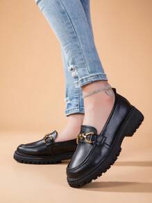 BALTEOP 2024 New British Style Women's Black Slip-On Flat Shoes With Metal Buckle & Leather Splicing