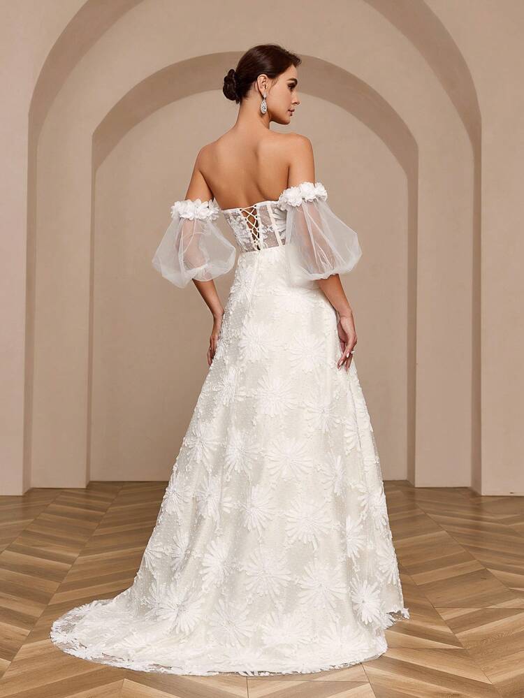 Off-Shoulder Floral Fabric 3d Flowers Tie Back Long Train Wedding Dress