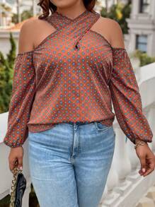 SHEIN Clasi Kích thước lớn Dây chéo Cái cổ Lạnh vai Áo sơ mi - màu nâu - Xem 5