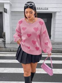 Flirla Kích thước lớn Lỏng lẻo Áo len Với Hình trái tim Và Thả vai Thiết kế - Hồng - Xem 4