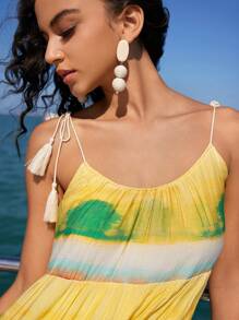 Anewsta Women's Colorful Striped & Printed Shoulder Tassel & Fringe Dress For Vacation, Women Cruise Outfit - Yellow - View 6