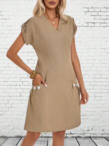 EMERY ROSE Frauen Einfarbiges Kurzärmliges Kleid Mit Taschen, Sommer Freizeitkleid - Khaki - Übersicht 1