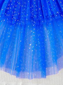 SHEIN 年轻女孩斜肩无袖上衣，荷叶边下摆和不对称网眼芭蕾裙，亮片装饰两件套 - 彩色 - 查看 3