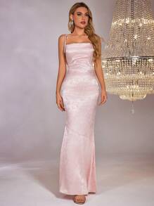 PARTHEA Backless Crisscross Tie Up Jacquard Satin Long Dress - Pink - View 6