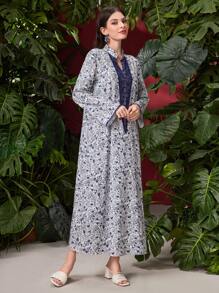 Al Najma 阿拉伯風格立領刺繡蕾絲花卉印花洋裝 - 藍色 - 查看 8