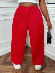 SHEIN EZwear Pantalones Rojos De Talle Alto Y Pierna Recta De Talla Grande