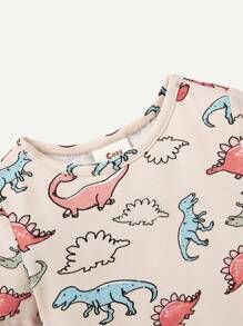 Cozy Pixies Baby Boy Snug Fit Pajama Set, Round Neck Dinosaur Pattern Short Sleeve Top, Solid Color Pants And Top, 4Pcs/Set Homewear Matching Set - Multicolor - View 3