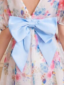 SHEIN Sukienka z bufiastymi rękawami, okrągłym dekoltem i kokardą na plecach dla nastolatek - Niebieski - Zobacz 6