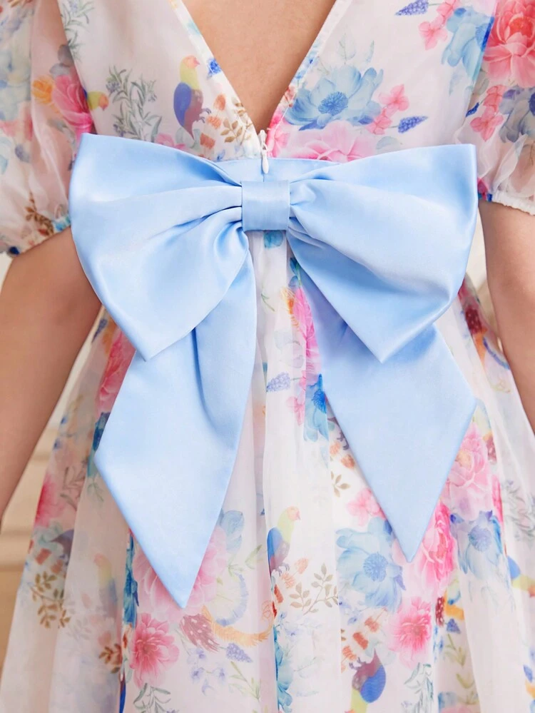 Puff Sleeve Round Neck Bowknot Back Dress For Tween Girls