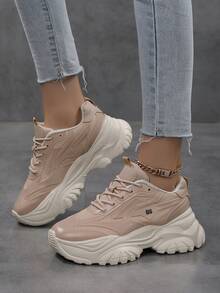 女士字母圖案前綁帶厚底運動鞋,拼色運動戶外鞋 - 卡其色 - 查看 4