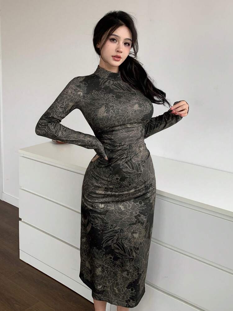 Women's Stand Collar Long Sleeve Multicolor Floral Print Design Sense Dress