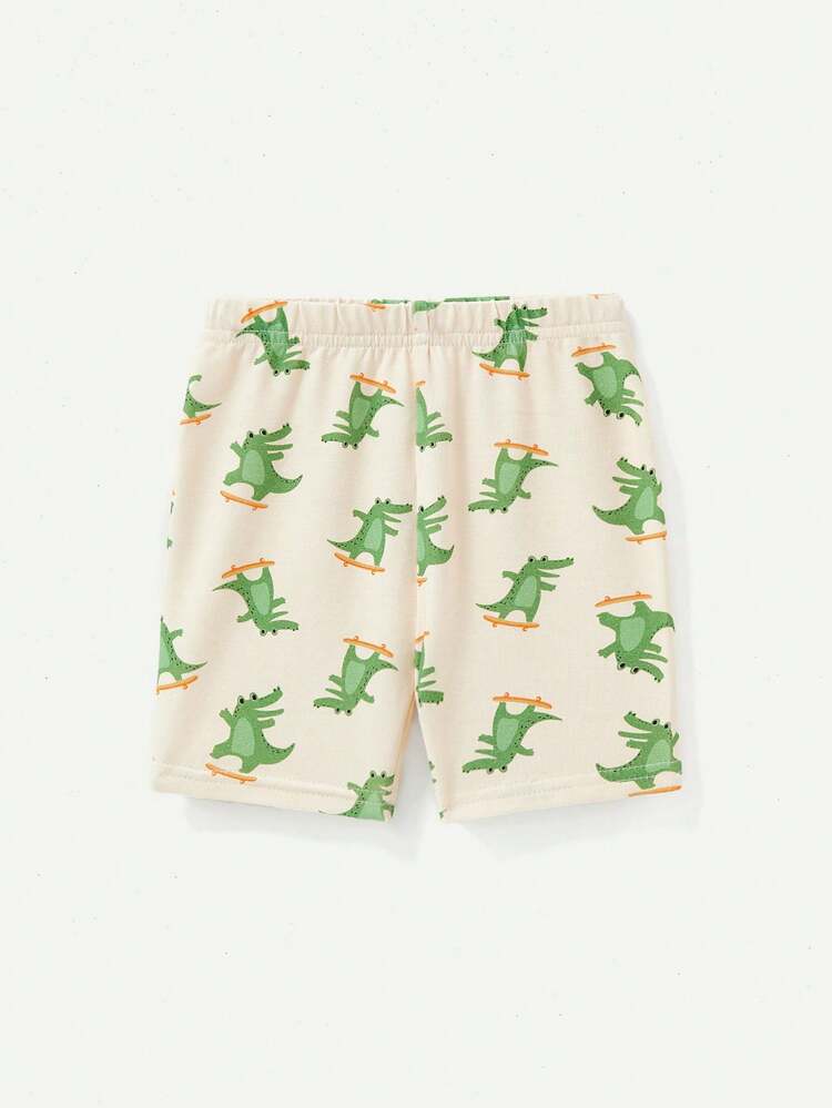 Baby Boy's Snug Fit Pajamas Set - Cartoon Crocodile Pattern Short Sleeve Round Neck Top, Casual Shorts For Home Wear, 2pcs Matching Set