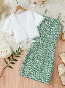 SHEIN Teen Girl's Cami Floral Dress With Front Tie Top Two Pieces Set