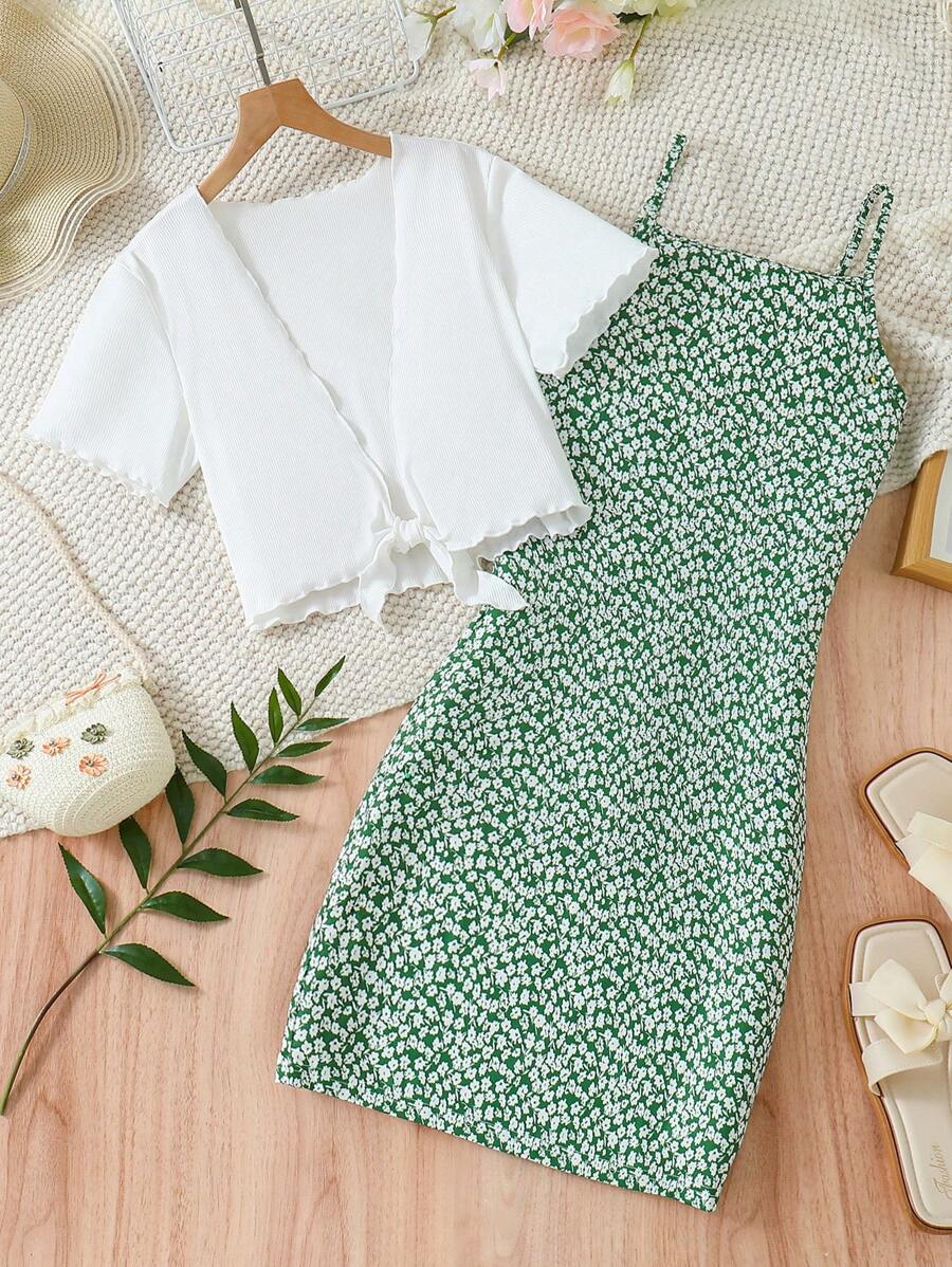 SHEIN Teen Girl's Cami Floral Dress With Front Tie Top Two Pieces Set