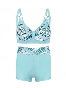 SHEIN Swim Women's Paisley Printed Patchwork Bikini Set Summer Beach - Multicolor - View 1