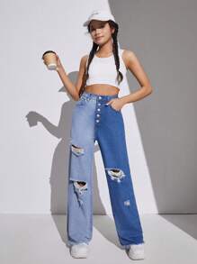 SHEIN Farbblockiert Jeans In Zerstörtem Und Gewaschenem Stil Für Teenager Mädchen, Lässiger Und Modischer Stil - Mittele Waschung - Übersicht 3