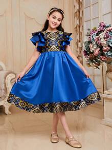 SHEIN Tween女孩可愛的圓領短袖拼接布料中長裙 - 藍色 - 查看 1