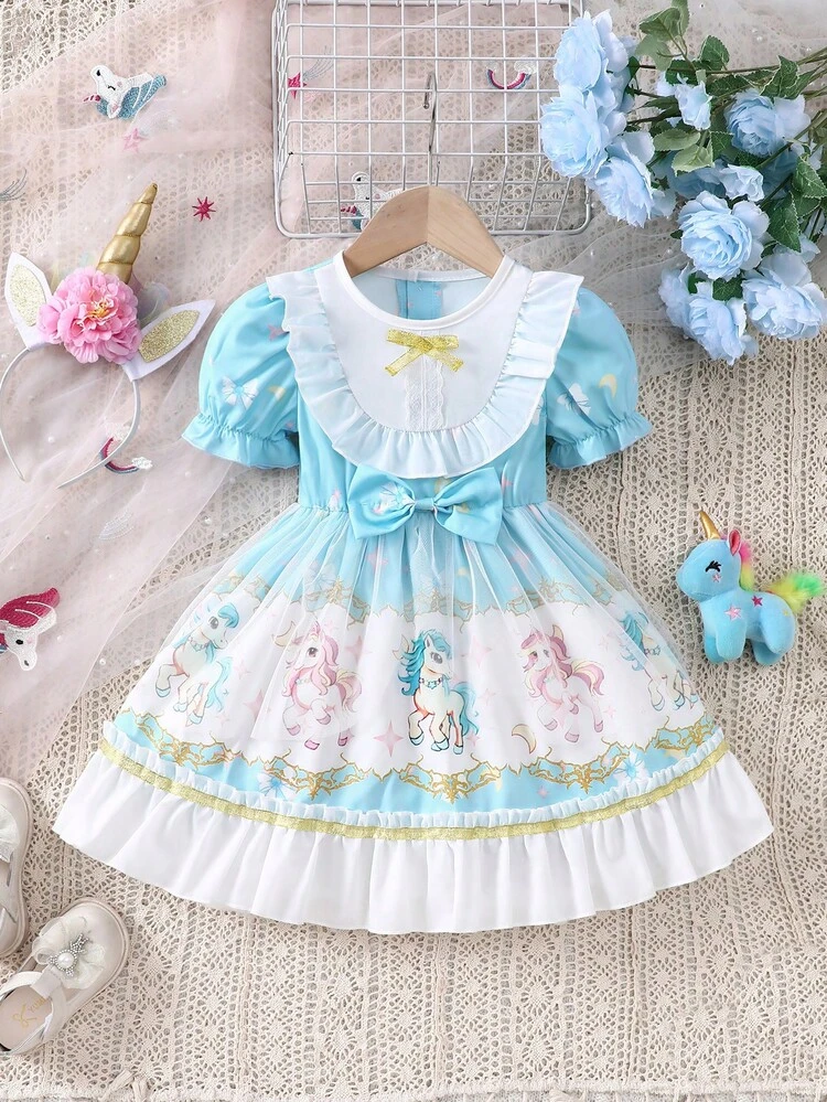 Baby Girls' Unicorn Pattern Mesh Contrast Puff Sleeve Dress For Summer