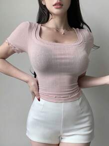 Dazy Designer Pink Double Layered T-Shirt With Frill Hem Sexy Top Preppy Tops - Pink - View 6