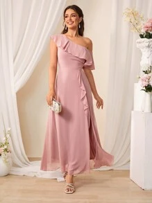 SHEIN Belle Women's One Shoulder Long Dress With Ruffled Hem And Side Slit, Suitable For Bridesmaid Dress