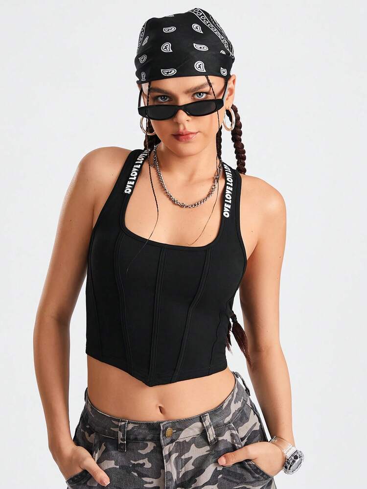 Women's Summer Asymmetrical Hem Letter Graphic Crop Sports Tank Top