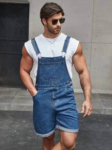 Manfinity Homme 1Pc Men's Solid Pocket Dungaree Shorts Baggy Overall Plain Navy Blue - Blue - View 3