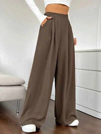 SHEIN EZwear Ladies' Solid Color Pleated Wide Leg Pants