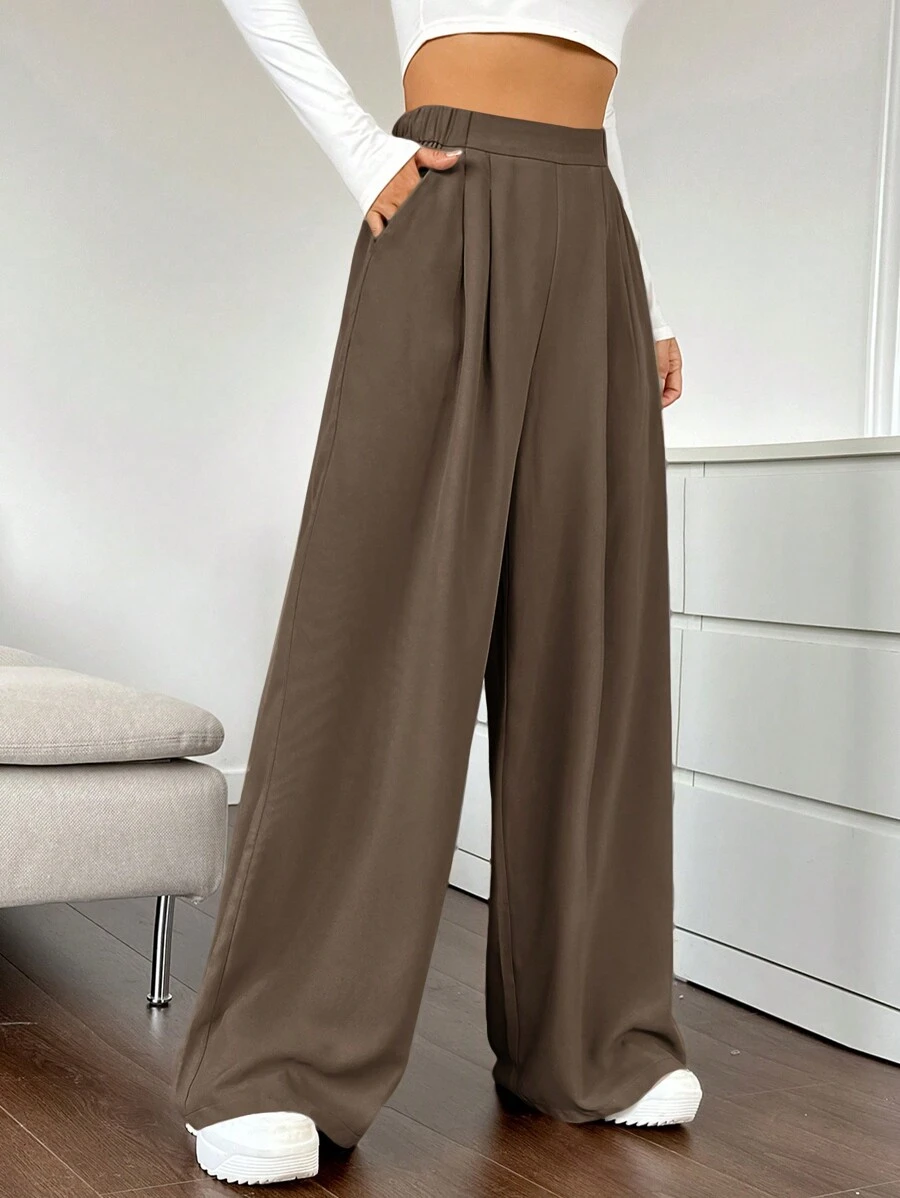 SHEIN EZwear Quý cô Màu thuần Xếp li Quần ống rộng - Màu Tím - Xem 1
