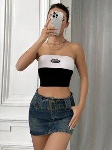 SHEIN Unity Women's Colorblock Letter Patch Knitted Tank Top - Black and White - View 3