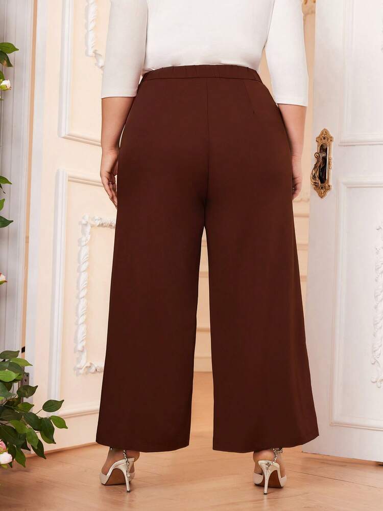 Plus Size Women's Solid Color Fold-Over Waistband Pants