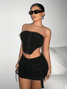 SHEIN ICON 不對稱下擺無肩帶上衣和緊身裙套裝 - 黑色 - 查看 6