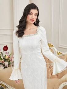 Modelyn 女士撞色蕾丝方领喇叭袖超长优雅阿拉伯风格连衣裙长款晚礼服 - 白色 - 查看 2