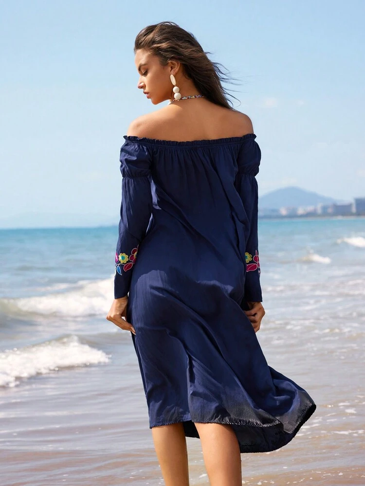 Women's Floral Embroidery Off-The-Shoulder Flare Sleeve Dress With Frill Trim