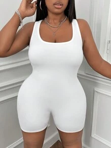 CovetEZ Kích thước lớn Co giãn Đan Yoga Đơn giản Áo liền quần - trắng - Xem 5