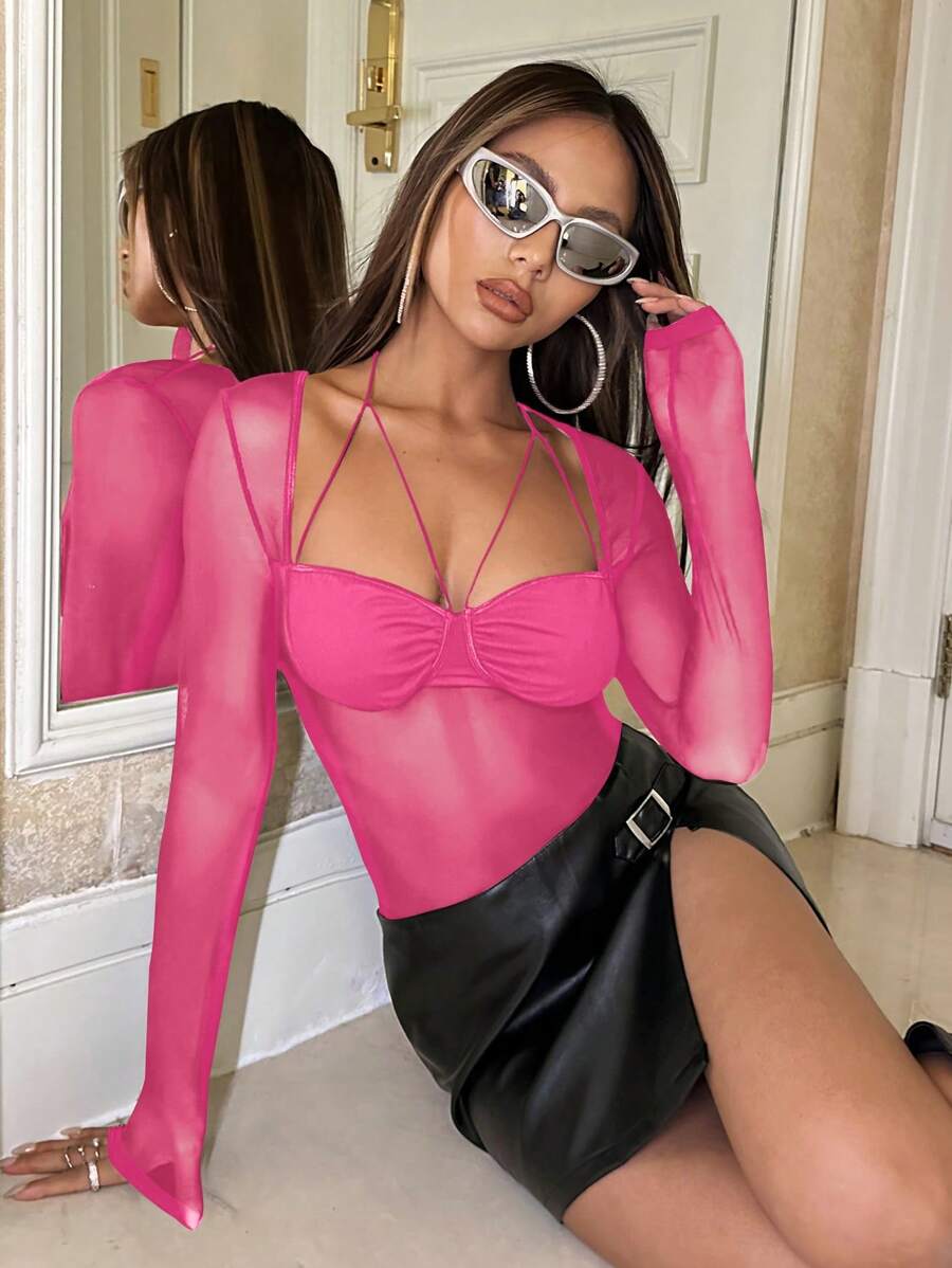 SHEIN ICON Women's Tight Mesh Sheer Long Sleeve Bodysuit - Hot Pink - View 1