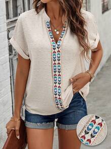 SHEIN LUNE Women's Geometric Woven Band Splicing Batwing Sleeve Shirt - Apricot - View 1