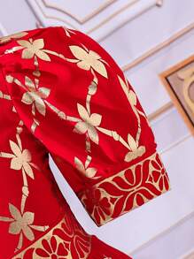 SHEIN 女童短袖泡泡袖金色花卉圖案洋裝 - 紅色 - 查看 5