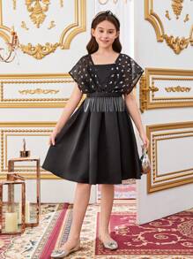 SHEIN 青少年女孩迷人的鑽石裝飾中長款洋裝 - 黑色 - 查看 6