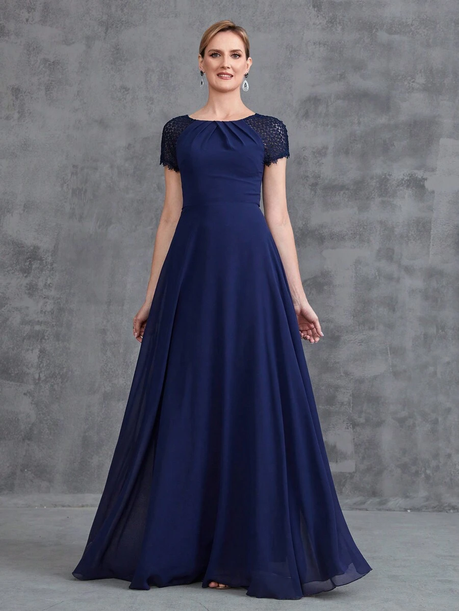 圆领撞色蕾丝短袖新娘妈妈礼服 - 藏蓝色 - 查看 1