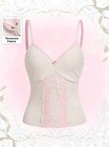 ROMWE Kawaii Contrast Lace Cami Top - Pink - View 5