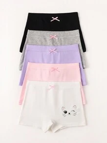 5pcs Cute Cartoon Cat Expression Printed Multicolored Macaron Color Panties For Young Girls, All Seasons