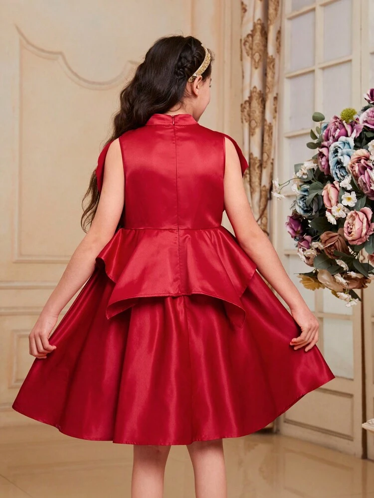 Tween Girls' Stand Collar Sleeveless Satin Layered Dress With Ruffle Hem Decoration