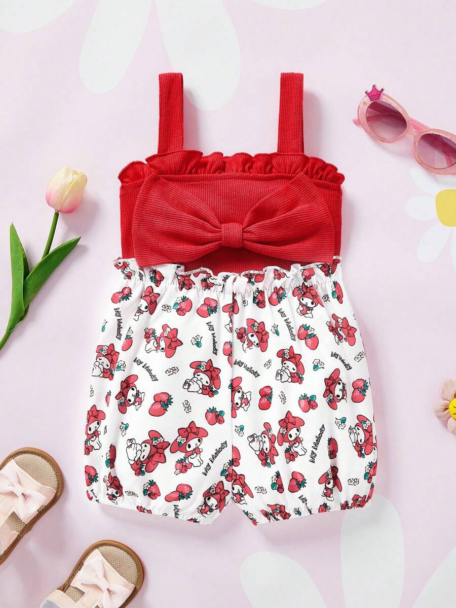 HELLO KITTY AND FRIENDS | SHEIN 嬰兒女孩卡通圖形荷葉邊裝飾蝴蝶結前開叉連體衣 - 珊瑚粉 - 查看 1