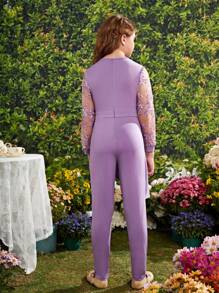 Tween Girls' Cross V-Neck Sequins Mesh Splicing Long Sleeve Jumpsuit With Asymmetrical Hem - Purple - View 2