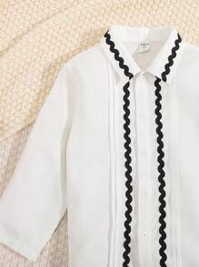 SHEIN Young Boys' Matching Colorful Edged Shirt And Shorts Set, Gentleman Style