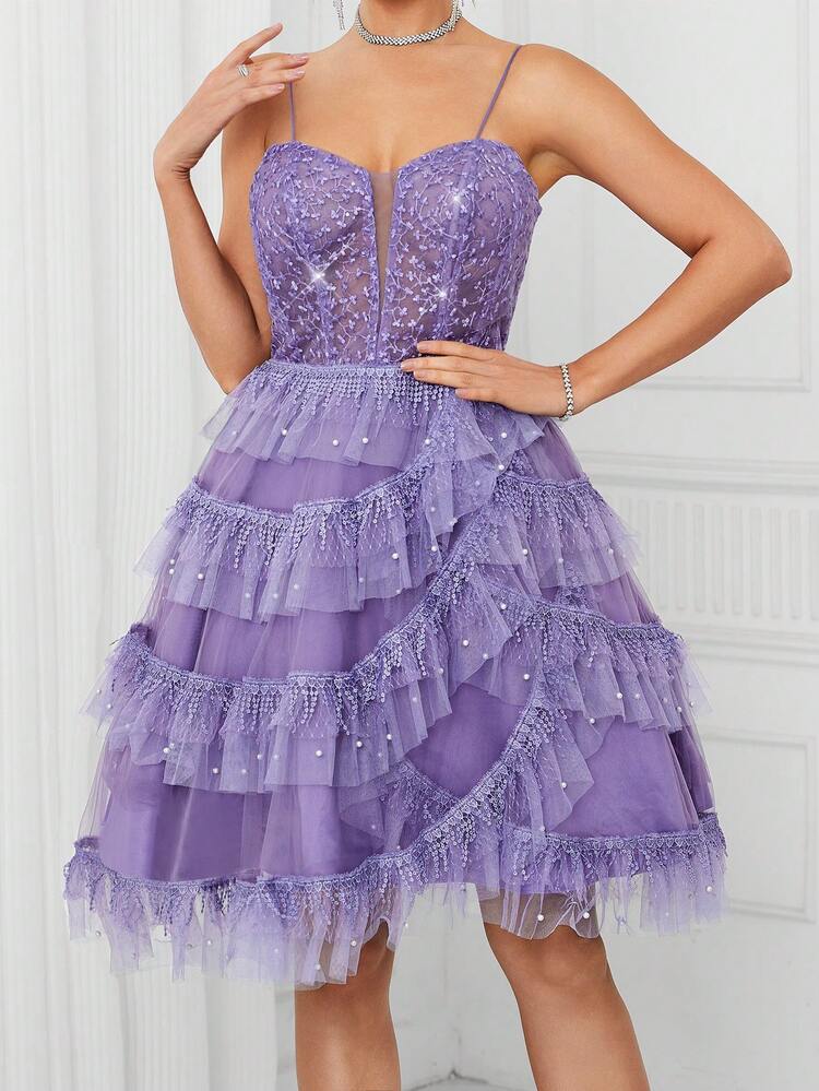 Elegant Lavender Purple Strap V-Neck Embroidered Lace Tassel & Pearl Decor Multi-Layer Mesh PuffyHemline AndElegant Spaghetti StrapsFor Appointment LineCocktail EasterMusic Festival PartyGown