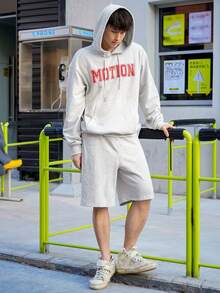 DAZY Nam Mùa hè In thư Dây rút Bộ áo hoodie và quần short - Xám - Xem 6