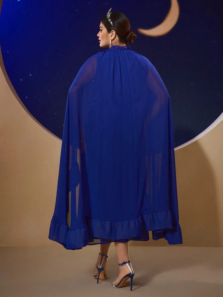 Plus Size Women's Cape Sleeve Stand Collar Dress With Ruffle Trim,Elegant Evening Party Dress Long Evening Dresses