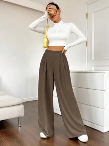 SHEIN EZwear Quý cô Màu thuần Xếp li Quần ống rộng - Màu Tím - Xem 4